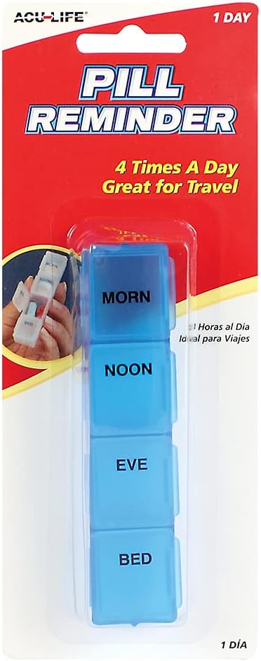 Acu-Life Daily Pill Organizer, Vitamin Case, and Medicine Box, 4 Times a Day, Blue, Made in the USA (Pack of 2)