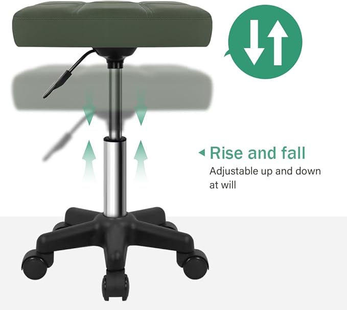 FURWOO Rectangle Rolling Stool with Wheels Height Adjustable Swivel Stool Chair for Spa Salon Massage Green