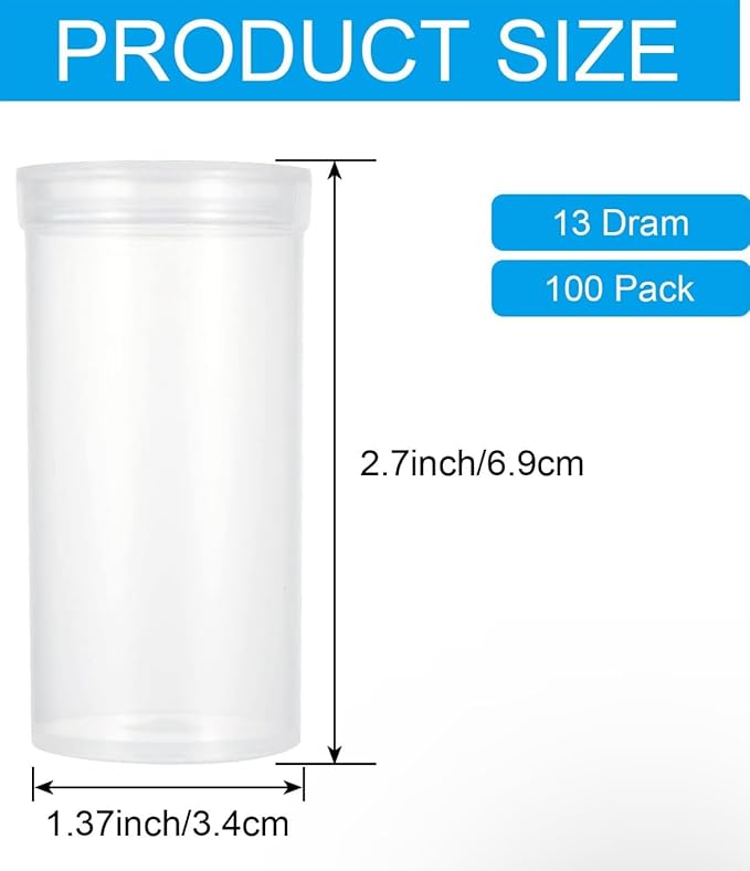100Pcs Empty Pill Bottles with Caps, 13 Dram Empty Prescription Vial, Waterproof Airtight Joint Pill Bottles with Pop Top Caps, Medicine Container for Pill, Crafts, Candy, Supplements(Clear)