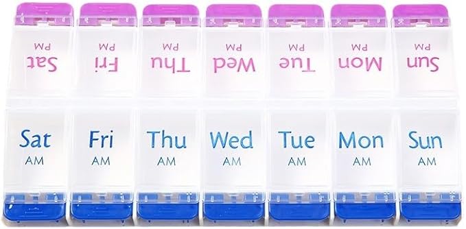Daily Pill Case Organizer, 7-Day Weekly Medicine Planner Organizer, AM PM, Large Tray 14-Compartment Meds Box Container Holder for Medication, Vitamin, Supplement, Fish Oil, Purple + Blue