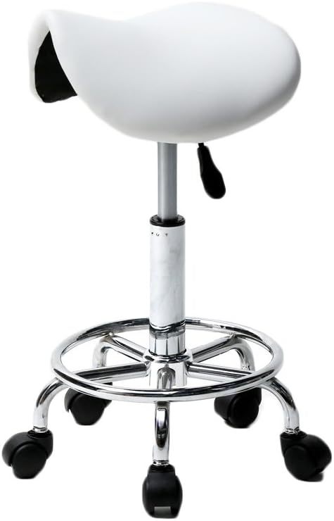 U-Kiss PU Leather Round Rolling Stool with Foot Rest Swivel Height Adjustment Medical Spa Drafting Salon Tattoo Work Office Massage Stools Task Chair,Kitchen,Salon,Bar,Office,Massage (White 2)