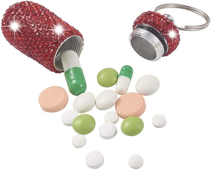 XhuangTech Waterproof Keychain Pill Box Bling Round Medicine Organizer Holder Container Aluminum Portable Mini Bottle Storage Case for Outdoor Travel Camping Purse Pocket (Red)