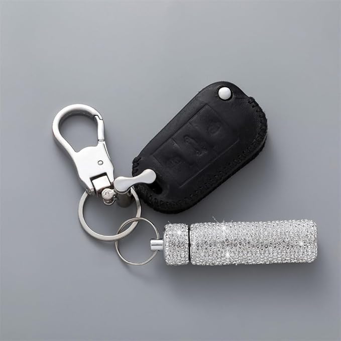 Bling Rhinestone Pill Case Portable Waterproof Pocket Pill Holder Bottle Storage with Keychain for Travel, Outdoor, Camping (White)