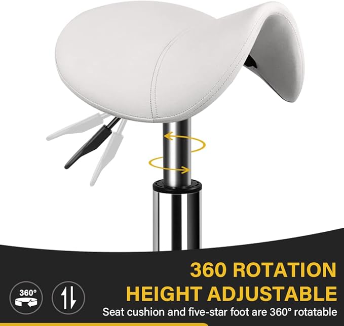Heavy Duty Saddle Rolling Stool with Wheels Hydraulic Swivel Adjustable Rolling Chair Ergonomic Thick Leather Seat Stool Chair for Kitchen Drafting Lab Office Salon Massage Chair – White