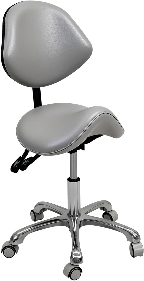 Saddle Stool Rolling Chair for Medical Massage Salon Kitchen Spa Drafting,Adjustable Hydraulic Stool with Wheels (Grey, with Backrest)