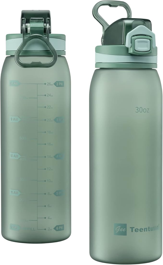 Time Marker Water Bottle 30 oz with Push Button Motivational Measurement Marker, Reusable Tritan Plastic Water Jug for Workout Sport Travel Water Tracker (Pack of 1)