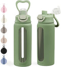 SANDJEST Glass Water Bottle with Silicone Sleeve 24oz with Lid, Motivational Time Marker, Drinking Hydration Glass Bottles for Men Women, Gym Travel Sports (Matcha)
