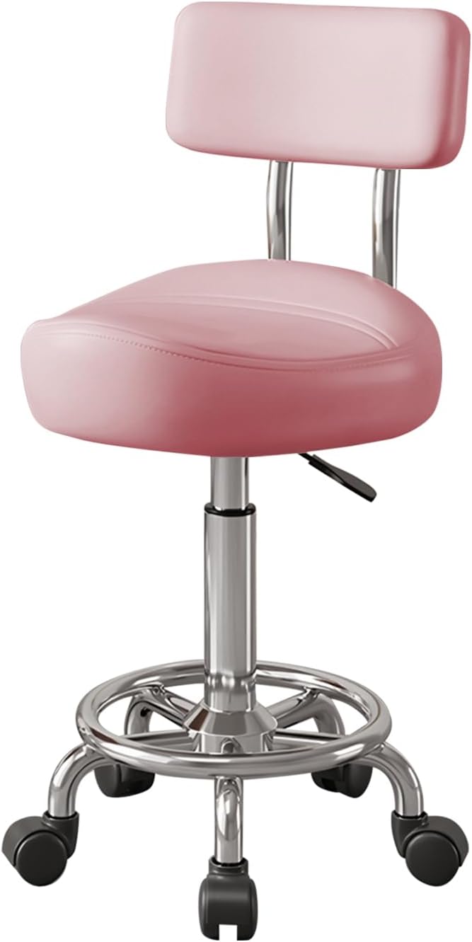 Saddle Stool with Back and Ring Pedal, Adjustable Hydraulic Rolling Chair with Wheels for Salon, Spa, Medical, Massage & Drafting Use Pink