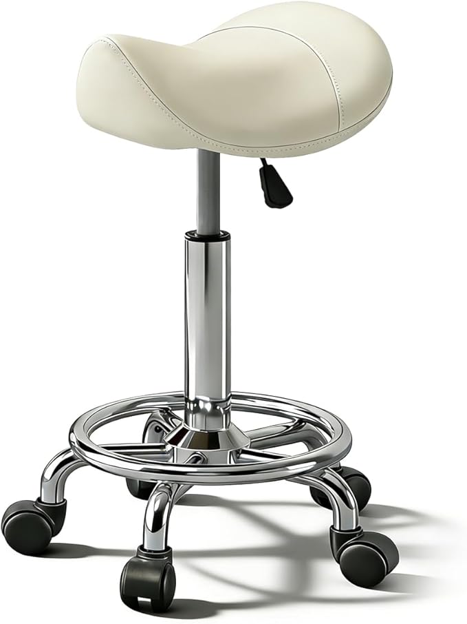 Saddle Stool with Ring Pedal, Adjustable Hydraulic Rolling Chair with Wheels for Medical, Massage, Salon, Spa, Kitchen, and Drafting Use