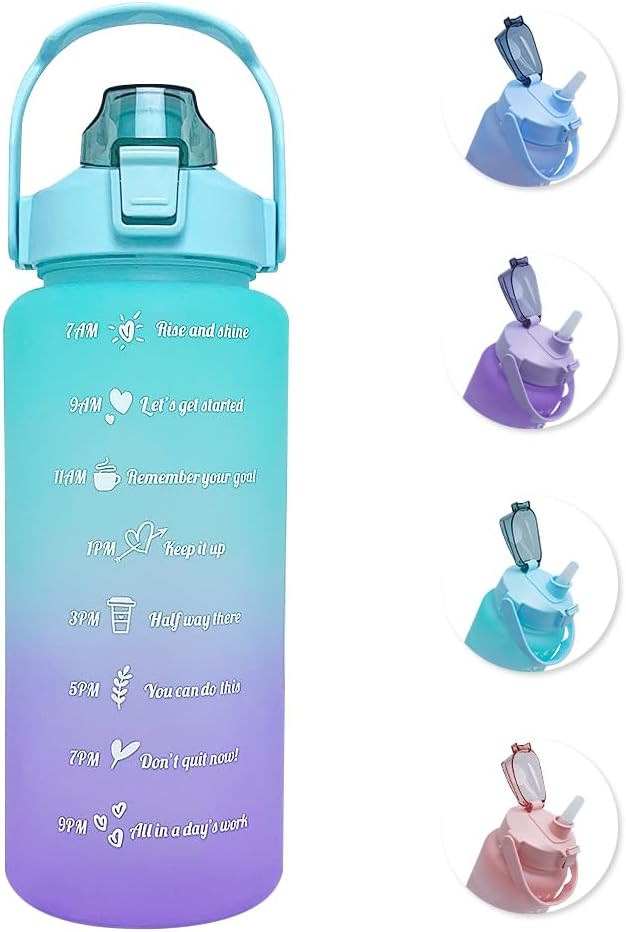 64 oz Large Capacity Water Bottle with Motivational Time Markers and Straw, Portable, Leakproof, BPA Free for Fitness, Gym and Outdoor Sports. (Green)