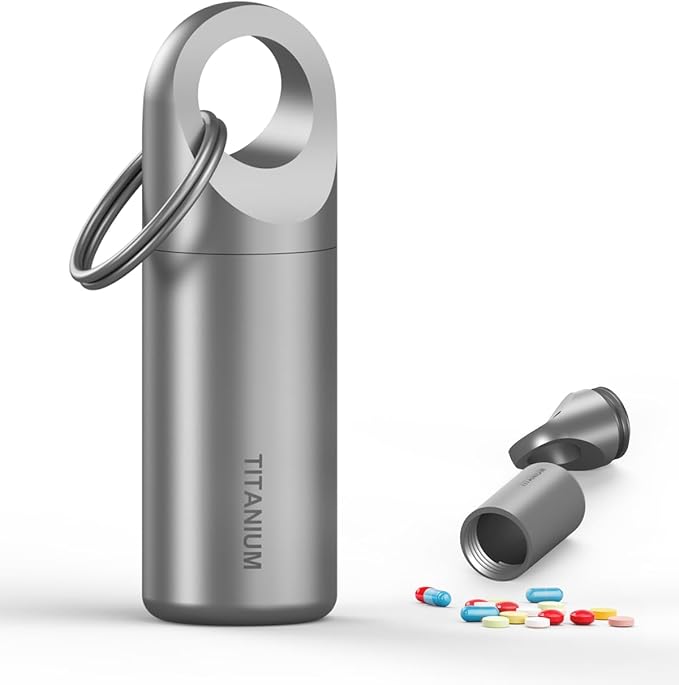 Tikey Titanium EDC Pill Container, Waterproof Keychain Capsule, Pocket Purse Pill Case for Outdoor Travel Camping (Pill Case S)