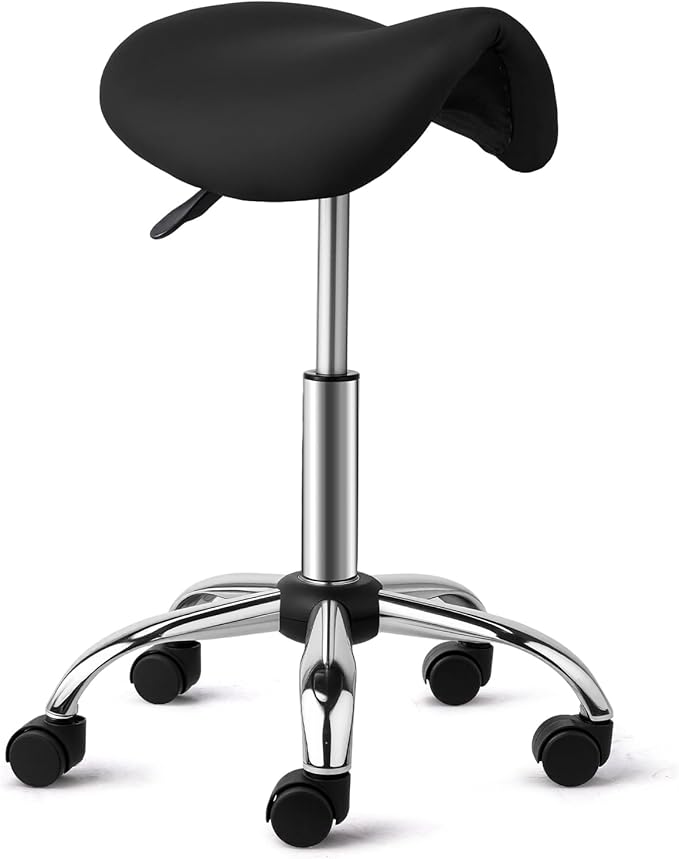 OmySalon Saddle Stool Rolling Chair, Ergonomic Saddle Chair with Swivel Wheels, Adjustable Hydraulic Stylist Cutting Stool for Salon Tattoo Massage Office Medical, Black