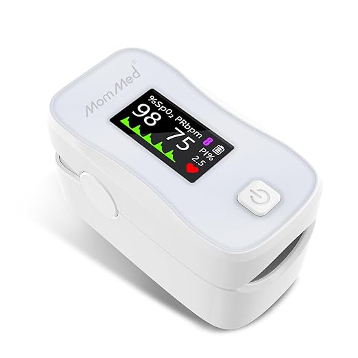 MOMMED Pulse Oximeter, Blood Oxygen Saturation Monitor (SpO2) with Clear Display, Pulse Rate (PR) Perfusion Index (PI) Finger Oximeter, Accurate Oxygen Saturation Meter for Fitness, Sports or Aviation