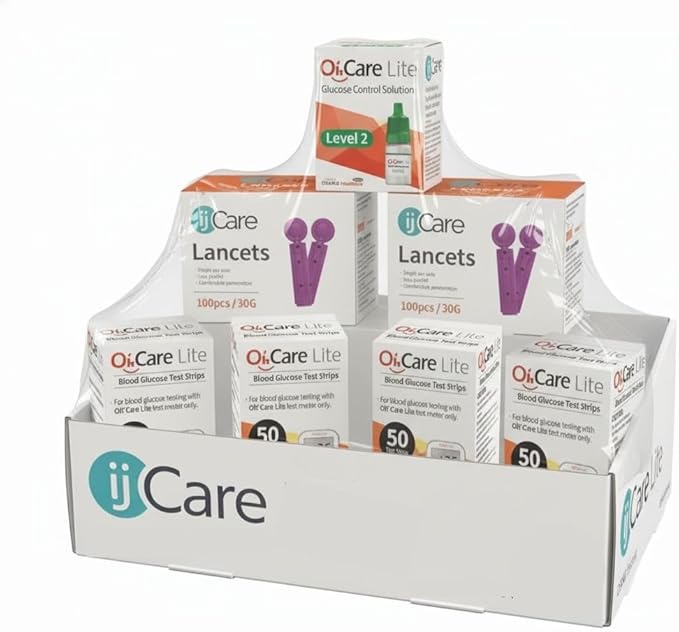 Blood Sugar Testing Bundle – Oh’Care Lite Monitor 200 Glucose Test Strips, 200 ijcare Lancets & 1 Control Solution