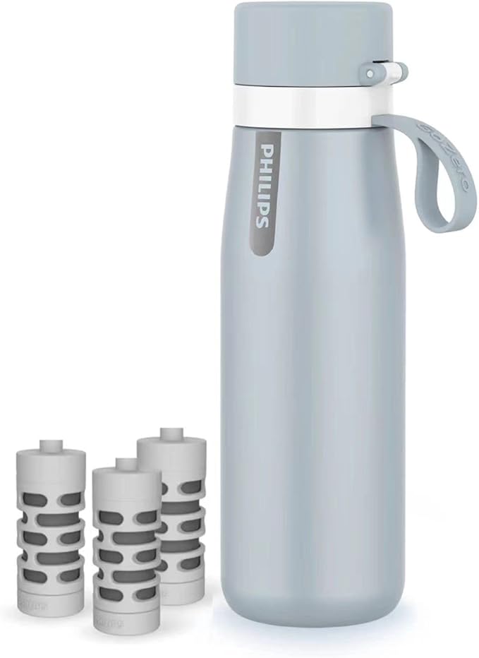 PHILIPS Water Bottle with Filter, Filter Water Bottle Stainless Steel with GoZero Everyday BPA-Free Tap Water Filter, Water Filter Bottle Keep Drink Cold 24 Hours, 3 Filters for 120 gal / 6 Months