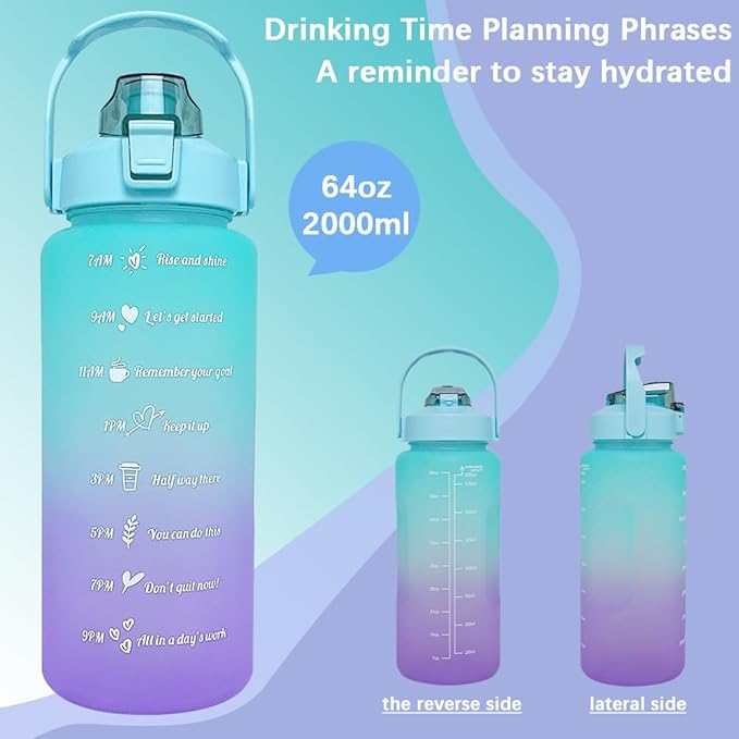 64 oz Large Capacity Water Bottle with Motivational Time Markers and Straw, Portable, Leakproof, BPA Free for Fitness, Gym and Outdoor Sports. (Green)
