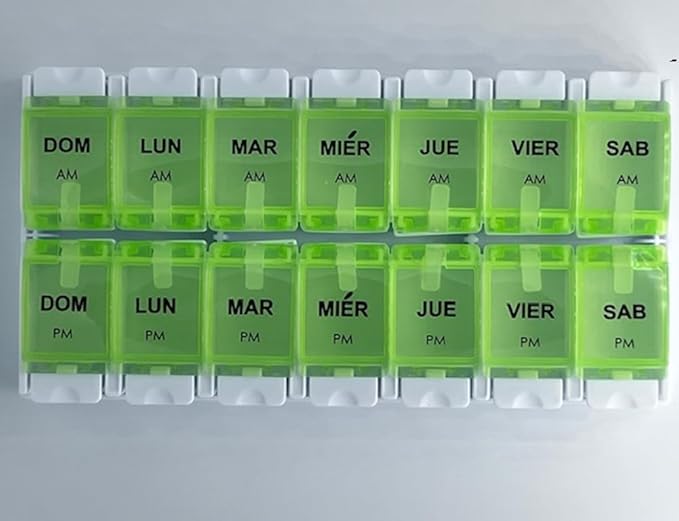 Spanish Pill Box 7 Day Weekly Two Times per Day AM PM (Large) Spanish Pill Box Organizer (Green)