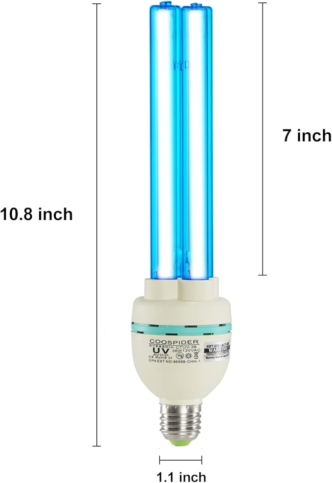 36 Watts Ozone UVC Light Bulb, 185nm wavelength UV Lamp for Basement/Storehouse/Car, E26 110V CTUV-36 (with Ozone)