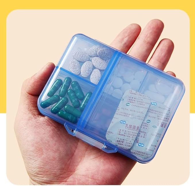 Travel Medicine Pill Organizer, Daily Pill Box Purse Pocket, Weekly AM PM Medication Reminder Planner, Cute Pill Holder Container Portable Compact Vitamin Supplement Capsule Dispenser, Blue