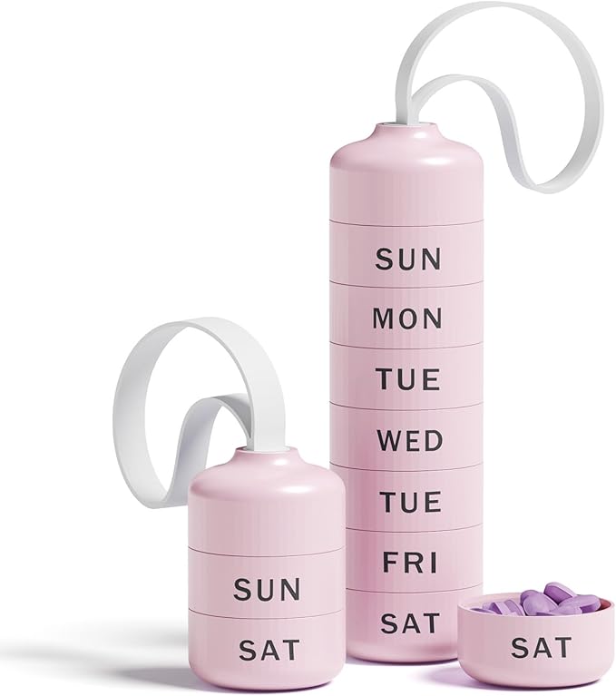 Cute Pill Organizer with 7 Large Compartments, Beitfe Weekly Pill Box for Travel, Cute Daily Pill Case 7 Day, with 7 Large Stackable Compartments, Pill Holder for Vitamin Supplement Medicine (Pink)