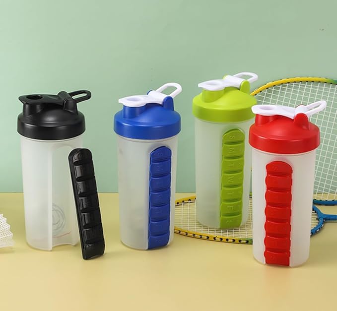 2-in-1 Water Bottle and Pill Organizer, 600ml Capacity, 7 Compartments outdoor capsule cup medicine box dispenser (Shaking Cup Orange)