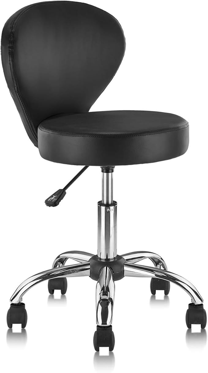 Leather Rolling Salon Stool with Back Support and Wheels Adjustable Height Swivel Spa Stools for Office Massage Facial Medical Drafting Tattoo Beauty Barber Lab Doctor Clinic Tattoo, Black