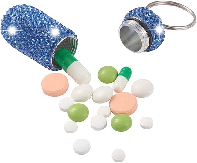 Pill Holder Keychain, Medicine Holder Pill Container Keychain Mini Size Waterproof and Light Weight Portable Pill Bottle Case, Bling Aluminum Key Chain for Outdoor Camping Traveling (Dark Blue)