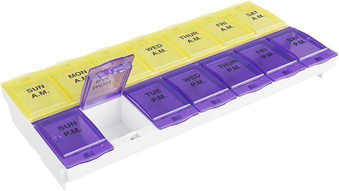 EZY DOSE Pill Organizer Weekly AM/PM (7-Day), Medicine Planner, Vitamin Case/Box, 2X-Large Locking Compartments to Secure Prescription and Prevent Accidental Spilling, Purple and Yellow, BPA Free