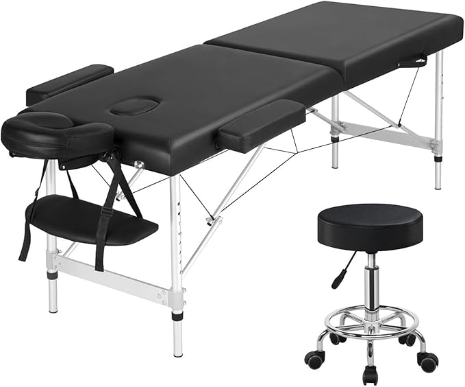 Yaheetech Aluminium 2 Folding Massage Table with Rolling Stool Portable Massage Bed Spa Bed Stool Adjustable Swivel Salon Chair Massage Therapy Table with Headrest & Armrest Black