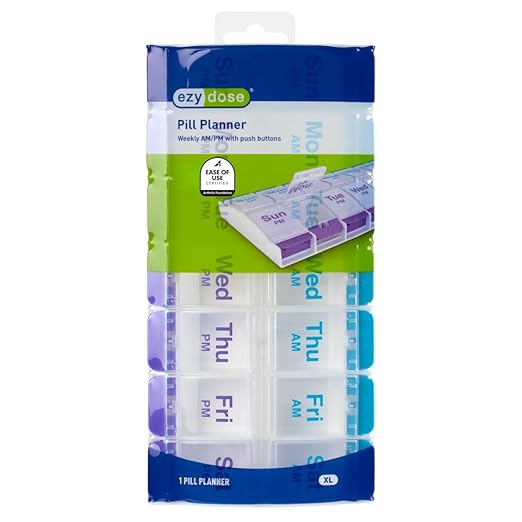 EZY DOSE Push Button (7-Day) Pill Case, Medicine Planner, Daily Vitamin Organizer, 2 Times a Day AM/PM, X-Large Compartments, Arthritis Friendly, Easy to use, Clear Lids, Purple and Blue, BPA Free