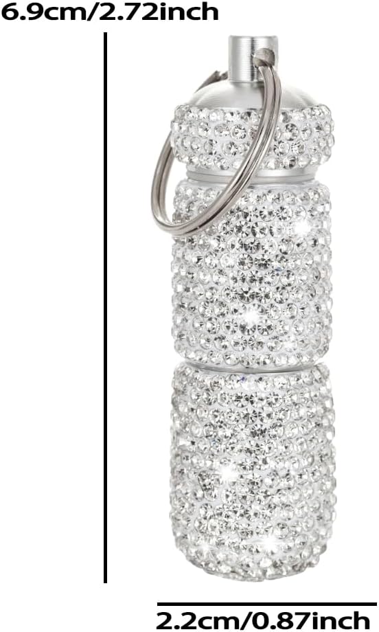 Bling Pill Case Portable Travel Pill Container Bottle Rhinestone Waterproof Small Pill Holder with Keychain Cute Mini Pill Storage Box (White)