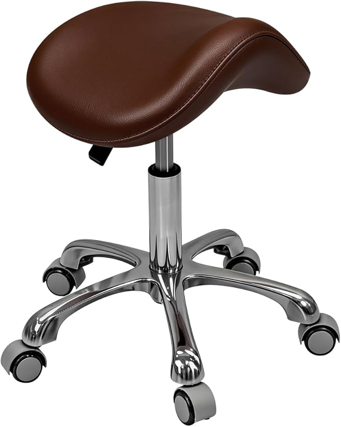Saddle Stool Rolling Chair for Medical Massage Salon Kitchen Spa Drafting,Adjustable Hydraulic Stool with Wheels (Brown, Without Backrest)