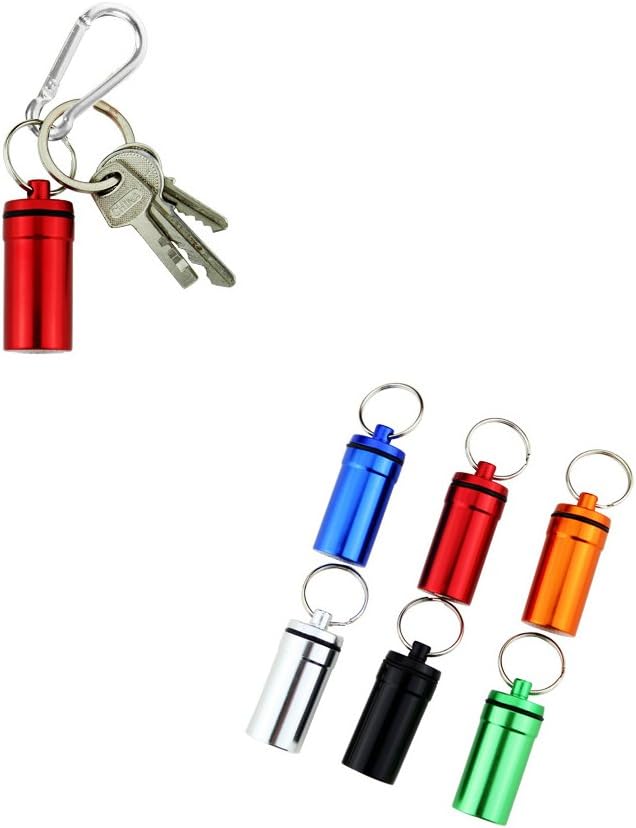WESTONETEK Set of 6 Aluminum Metal Pill Box Case Organizer with Keychain - Outdoor Medicine Bottle Key Ring Small First Aid Drug Holder Pill Container