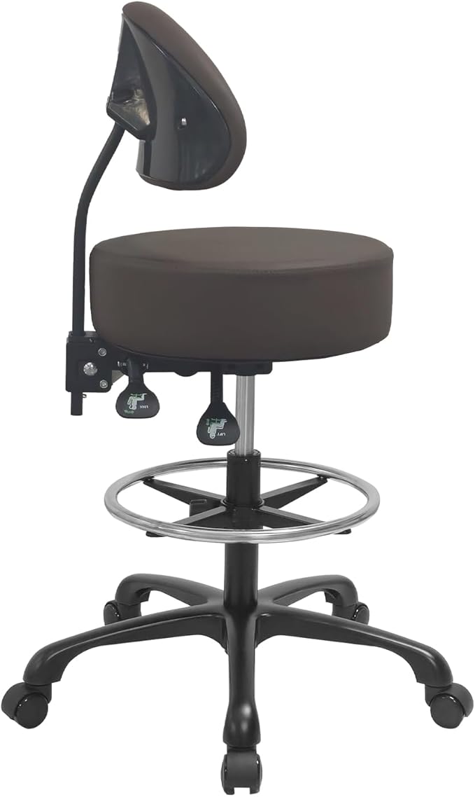 Swivel Rolling Stool Round Chair,Thick Sturdy Padding,Adjustable Stool with Wheels for Doctor,Medical,Massage Salon,Office,Shop(with New Back, Brown)