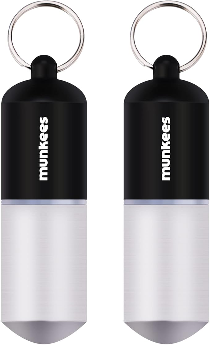 munkees Portable Pill Case Large Waterproof Capsules EDC Keychain, Travel Pill Bottle for Camping, Hiking, Backpacking, Compact Valuables Container for Outdoors 2-Pack