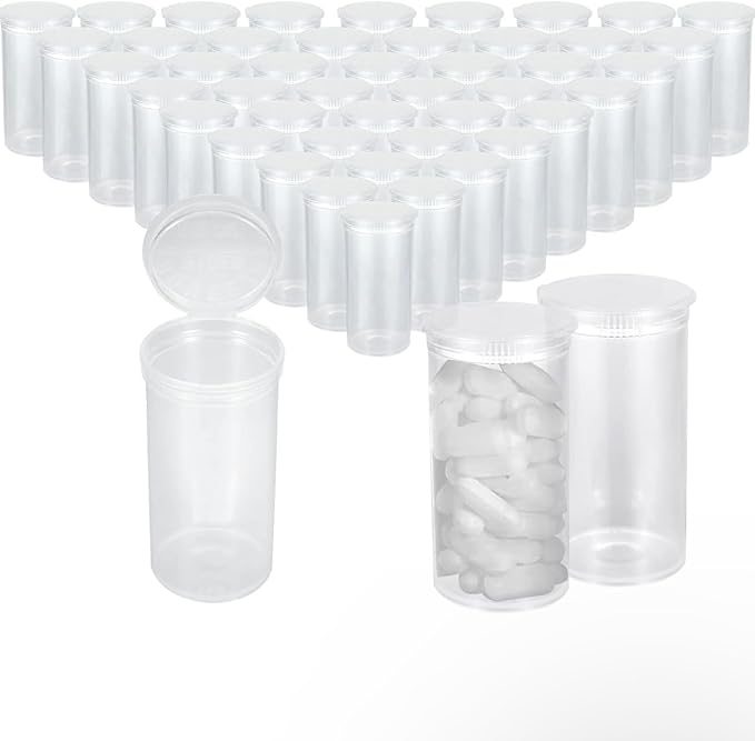 100Pcs Empty Pill Bottles with Caps, 13 Dram Empty Prescription Vial, Waterproof Airtight Joint Pill Bottles with Pop Top Caps, Medicine Container for Pill, Crafts, Candy, Supplements(Clear)