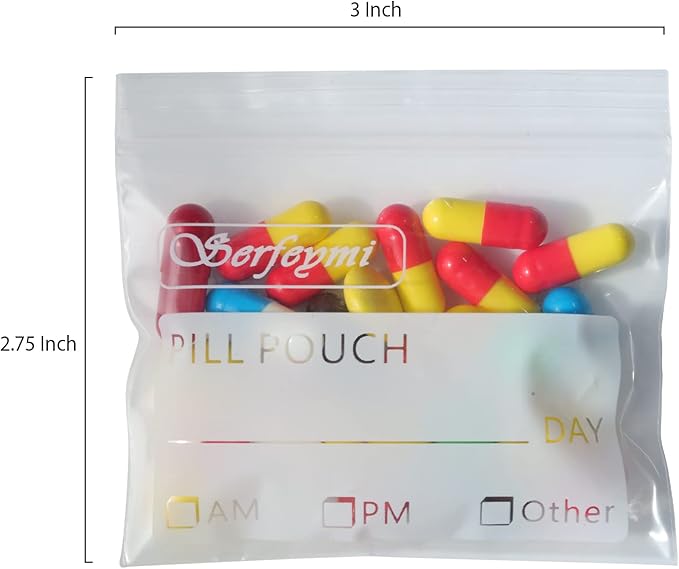 Serfeymi Pill Bags for Travel Pill Pouch Organizer Pack of 120 BPA Free 3 x 2.75 inch Reusable Pill Pouches for Medicine with Write on Label & Zipper Seal Waterproof AM PM Pill Baggies for Supplements