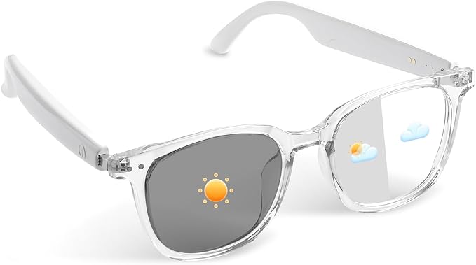 Bluetooth Glasses for Men & Women, Photochromic Lenses, Open-Ear Audio, Touch Control, Hands-Free Calls & Music, Smart Glasses for Walking & Travel (Transparent White Frame)