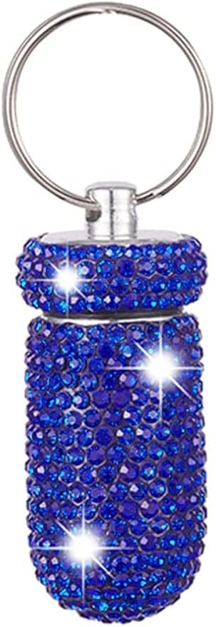 Pill Holder Keychain, Medicine Holder Pill Container Keychain Mini Size Waterproof and Light Weight Portable Pill Bottle Case, Bling Aluminum Key Chain for Outdoor Camping Traveling (Dark Blue)