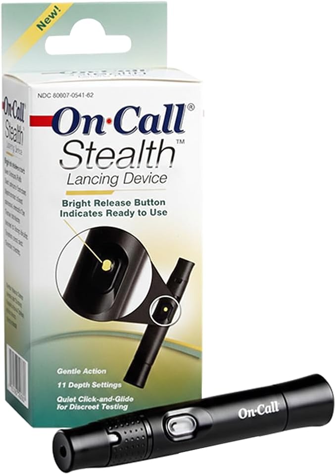 Stealth Adjustable Lancing Device for Blood Glucose Testing by On Call, 11 Depth Settings to Minimize Pain, Pen for Diabetes Monitoring