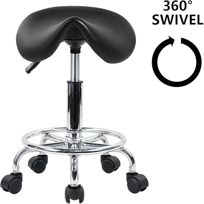 KKTONER Saddle Stool with Foot Rest PU Leather Swivel Adjustable Rolling Stool with Wheels Facial Salon Chair (Black)