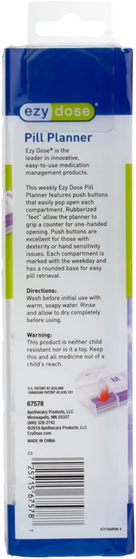 EZY DOSE Weekly (7-Day) Pill Case, Medicine Planner, Vitamin Organizer Box, 2X-Large Push-Button Compartments, Color May Vary, BPA Free