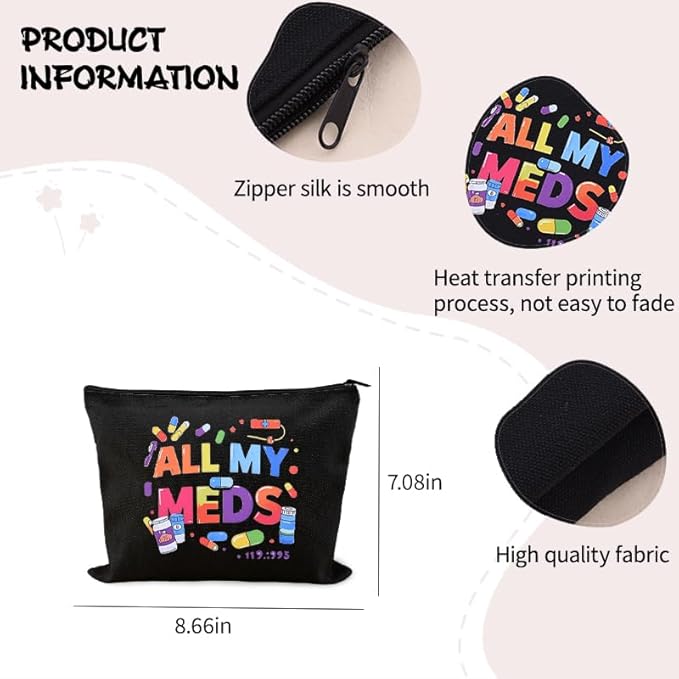 Zippered Pouch for Medical Supplies Daily Medicine Bag for Nurse Bag Essential Items Funny Medicine Pouch Pharmacist Pharmacy Toiletry Bags Canvas Practitioner Cosmetic Bags Patient Doctor Gift Ideas