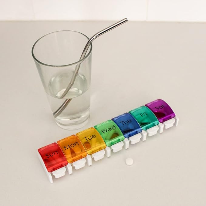 EZY DOSE Weekly (7-Day) Pill Planner, Medicine Case, Vitamin Organizer Box, Large Push-Button Compartments, Rainbow Lids (Pack of 2)