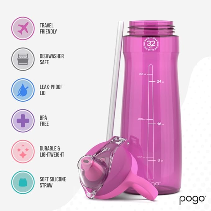 Pogo Plastic Water Bottle with Straw Lid and Carry Handle, Reusable, BPA Free, Dishwasher Safe, Perfect for Travel, School, Outdoors, and Gym | 32oz, 40oz
