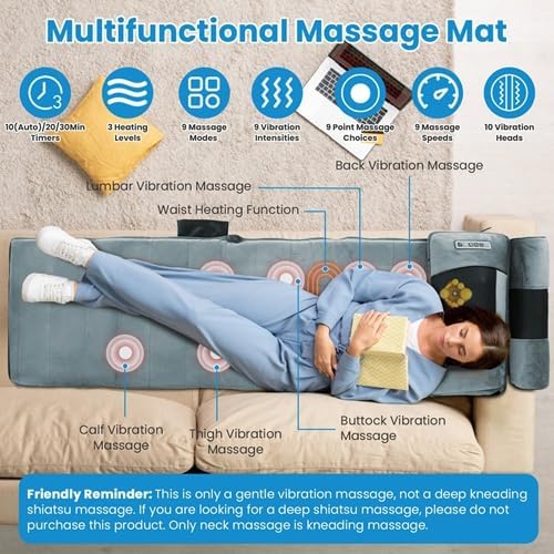 Full Body Massage Mat with Heat Massage Heating Pad Electric Vibration Massage Pad Cushion Massage Mattress Heated Chair Pad with Timer Anti-Slip Bottom Earplugs for Back Neck Foot Kneading