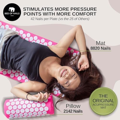 Bed of Nails Mat and Pillow Set – Original Bon Acupressure Design with 10962 Precision Nails, Mat: 28.5 x 16.5 x 1", Pillow: 14.5 x 6 x 4", Pink