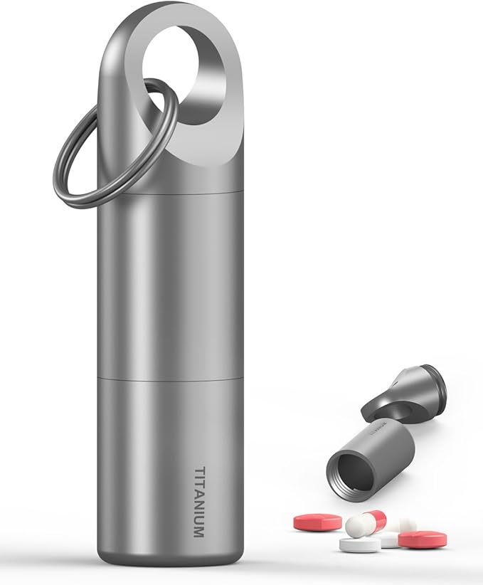 Tikey Titanium EDC Pill Container, Waterproof Keychain Capsule, Pocket Purse Pill Case for Outdoor Travel Camping（Gray） (Pill Case M+1)