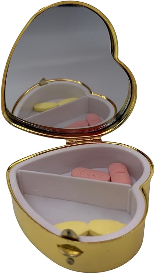 AmyZone Metal Pill Organizer Vintage Portable Compact Pill Box Pill Casefor Purse/Pocket to Contain Vitamins/Tylenol/Fish Oil/Supplements/Meds/Tablet (Happy Pills-Love Heart)
