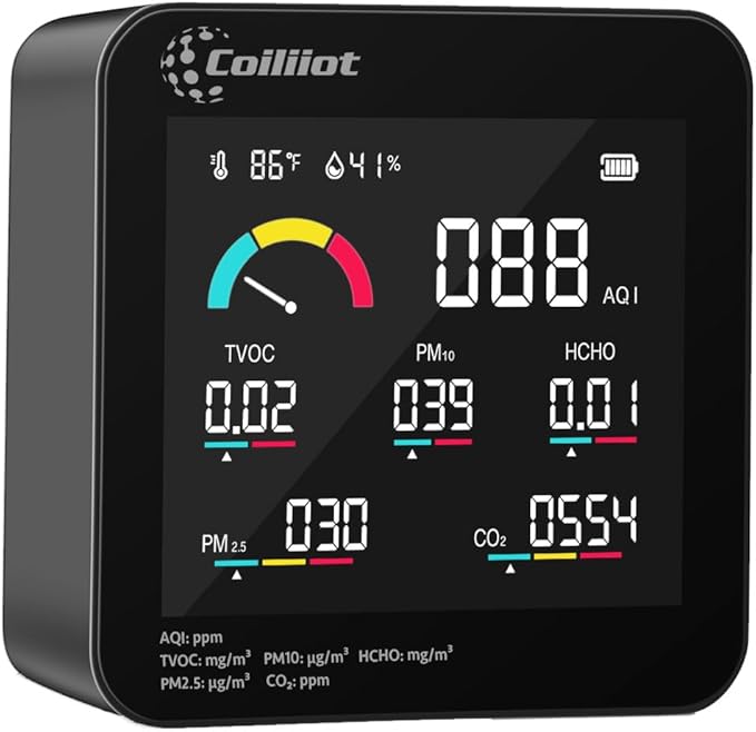 Air Quality Monitor Indoor – CO2 Detector, VOC Meter and AQI Tester Tracks TVOC, HCHO, PM2.5 & PM10 with Temperature & Humidity Sensor for Home Office (Black)